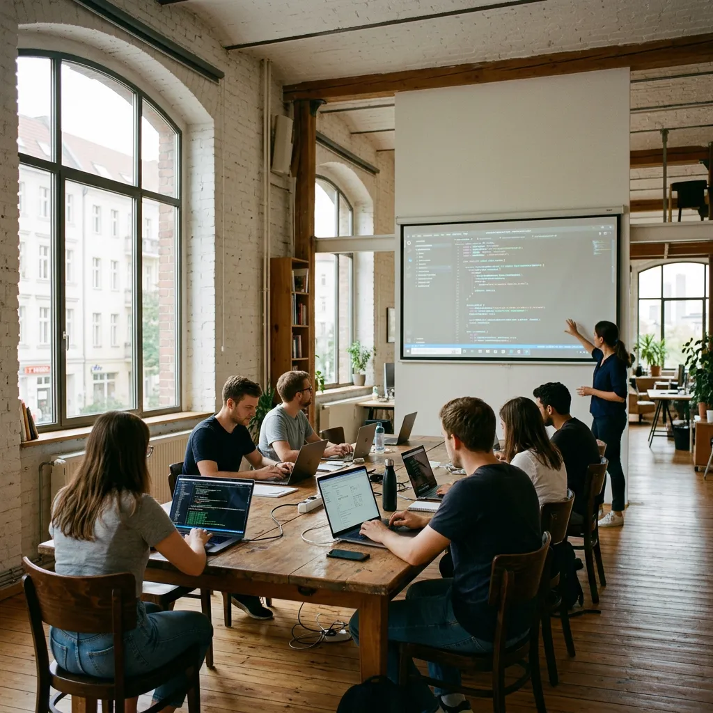 Students with laptops at a long table while a teacher points at code on a projector screen.